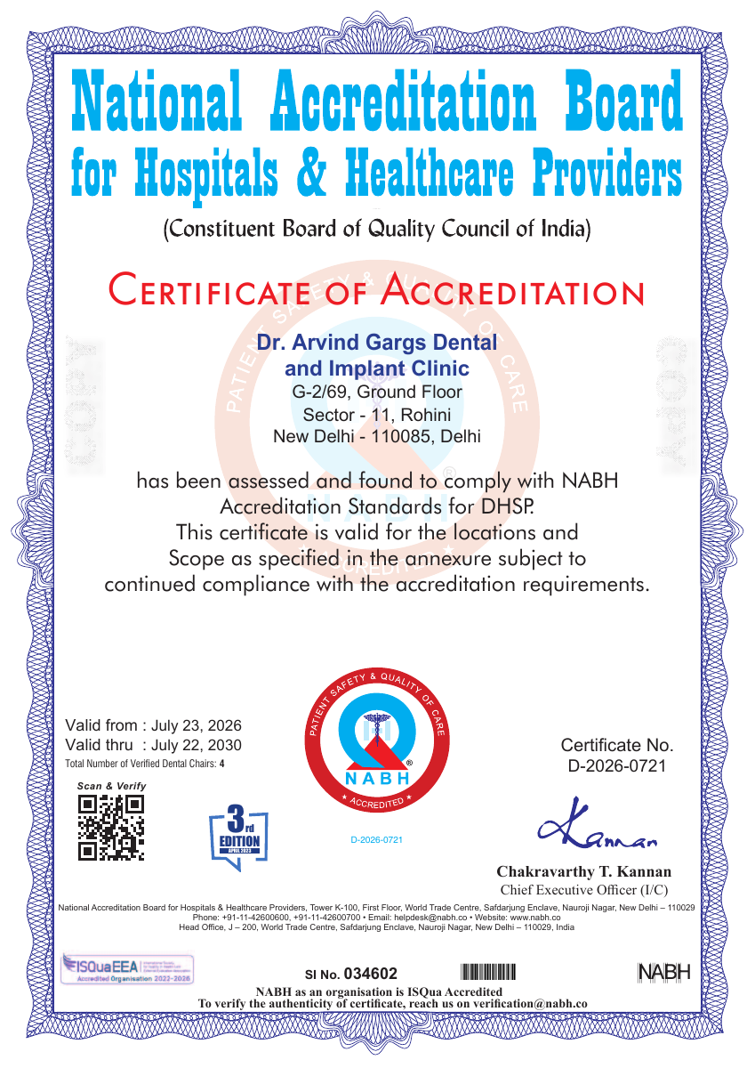 NABH accreditation certificate for Dr. Arvind Garg's Dental and Implant Clinic